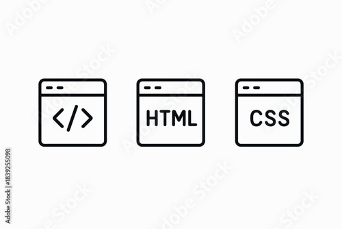 Minimalist web development icons featuring code, html, and css in linear style