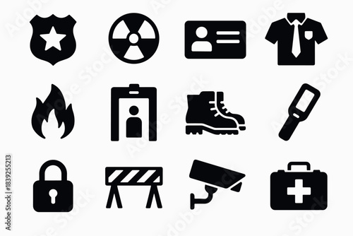 Essential security and safety icons set in black silhouette style