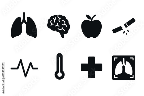 Medical icons set lungs, brain, healthy living symbols in minimalist silhouette design