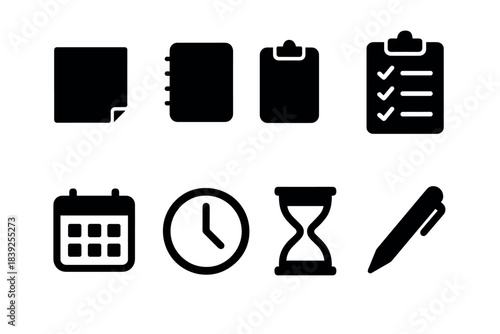 Silhouette icons of office stationery and time management tools