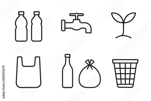 Minimalist ecofriendly icons featuring recycling, water conservation, and sustainable practices