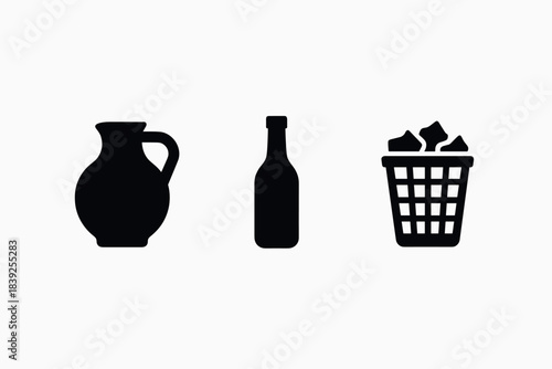 Minimalist silhouette icons of jug, bottle, and trash can