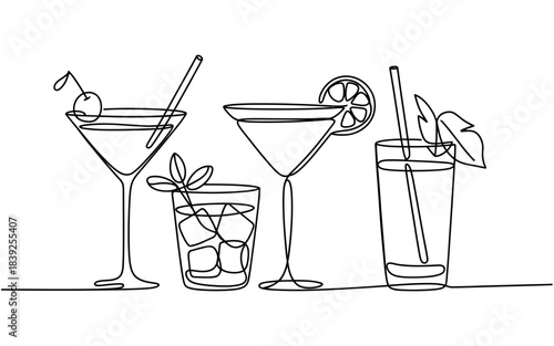A minimalist line art illustration showcasing four distinct alcoholic cocktails, each presented in elegant glassware with garnishes, perfect for modern beverage concepts.