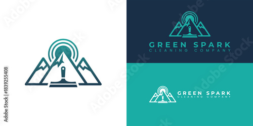 The modern logo features mountains and a stylized sun in black and green. Its clean, geometric lines convey a professional appearance, suggesting the company's commitment to tidiness and cleanliness.