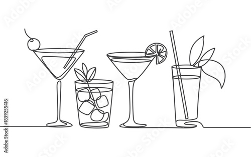 A minimalist, continuous line art illustration featuring a collection of four distinct cocktail glasses, each garnished and presented