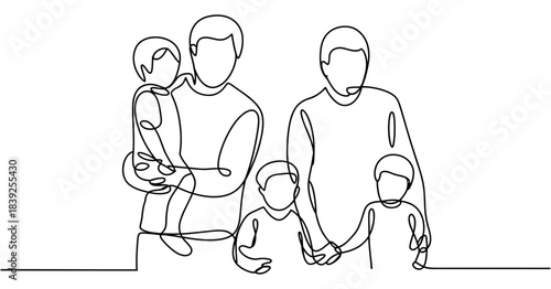 One line drawing of a two-father family with three children, symbolizing modern family structures and love in a simple, artistic representation.