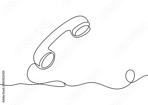 A single line drawing of a vintage telephone handset with its cord forming a loop symbolizing communication and connection.