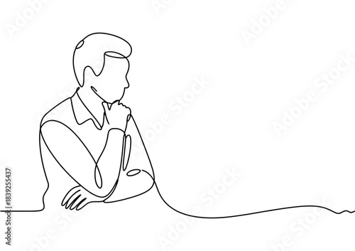 Single line drawing of a man in profile, deep in thought, with his hand on his chin, contemplating a decision