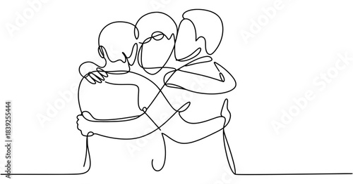 Continuous line drawing of three people embracing, symbolizing unity, friendship, and togetherness in a simple, elegant artistic style