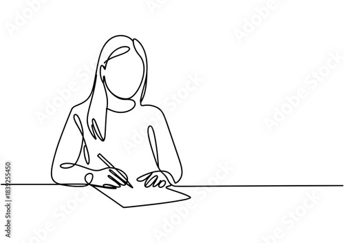Continuous line drawing of a woman sitting at a desk, writing notes on a piece of paper with a pen, simple art style.