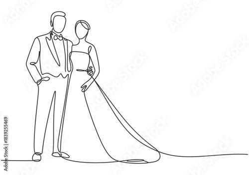 Elegant single line drawing of a bride and groom in wedding attire, a timeless representation of love and commitment, celebrating marriage.