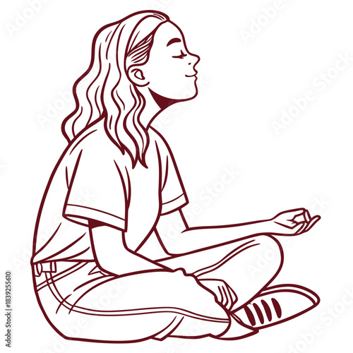 Line drawing of a long-haired person seated cross-legged in meditation, eyes closed, with one hand in a mudra gesture.