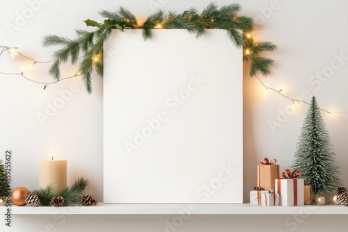 A Christmas poster mockup in a cozy modern interior