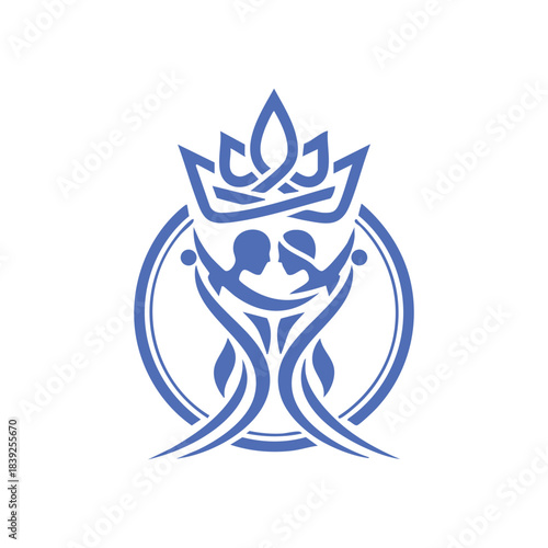 Logo of two people facing each other dancing under a crown inside a circle