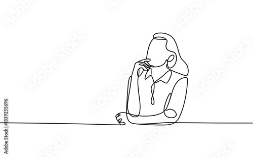 Continuous line drawing of a woman with her hand on her chin, contemplating or thinking, minimalist art.