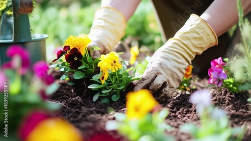 Gardener planting colorful flowers in soil garden bed, hands wearing gloves caring plants outdoors, spring gardening activity, nature growth, home landscaping, eco lifestyle footage