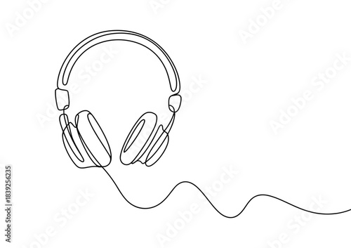 Minimalist continuous line drawing of headphones with wire, representing music, audio, and sound.