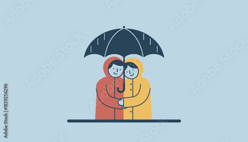 A couple sharing an umbrella in a rainy street smiling and huddling close as the raindrops fall around them embodying warmth amidst adversity.