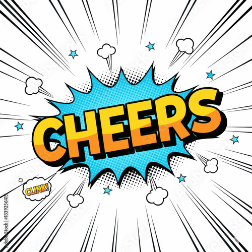 Cheers comic-style graphic with burst background
