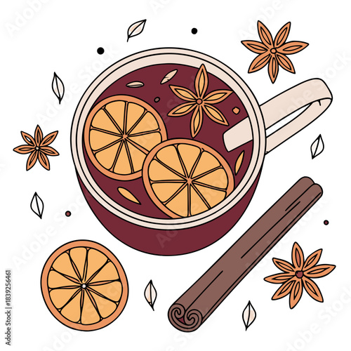 Aromatic Mulled Wine and Spices Vector – Cozy Christmas Hot Drink, Seasonal Winter Beverage, Glühwein with Cinnamon Stick, Star Anise, and Orange Slices – Hand-drawn Festive Design & Holiday Warmth