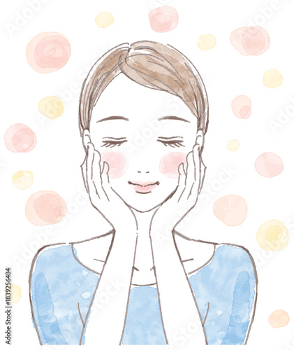 A woman with her bangs tied up, her eyes closed, and her hands on her cheeks, smiling