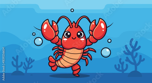 Cute Cartoon Lobster Character Standing Underwater with Bubbles.