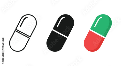 Capsule pill icon set showing outline solid and color versions for medicine drug treatment