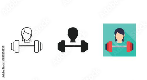 Woman weightlifting icon set showing female fitness exercise silhouette vector illustration