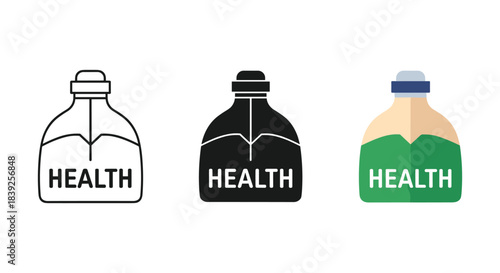Health potion bottle icon set showing outline solid color liquid drink supplement illustration