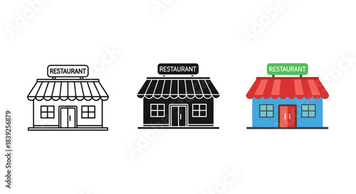 Restaurant storefront icon with awning and sign three style variations vector graphic commercial building