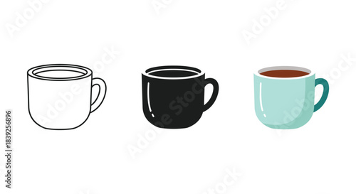 Coffee mug vector icons set simple hot drink cup outline filled silhouette color flat design