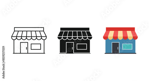 Small retail storefront building icon set shop facade with striped awning simple vector illustration white background.