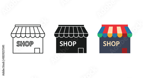 Shop retail store building icon set commercial facade with awning and shop text symbol vector graphics image.