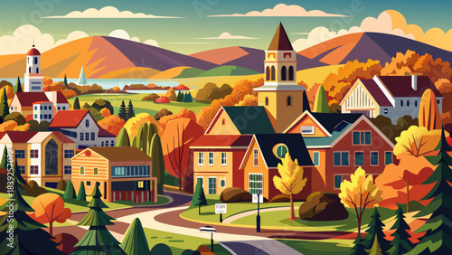 Very beautiful Burlington Vermont scene with charming streets, warm seasonal trees, and a welcoming small-town atmosphere framed by distant hills under clear sky.