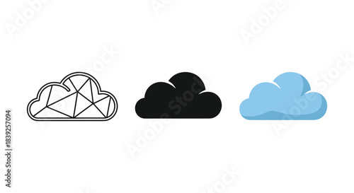 Cloud icon set three variations line glyph flat style weather forecast computing storage