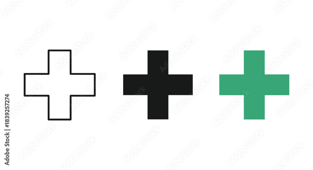 Obraz premium Plus sign geometric cross symbol vector illustration flat icon set isolated on white background addition mathematics element.