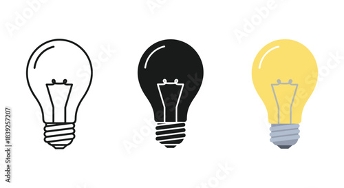 Electric incandescent lightbulb icon set symbolizing power energy efficiency illumination and bright thinking concepts.