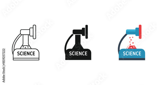 Science laboratory equipment icon set showing research discovery experiment and academic knowledge symbols.
