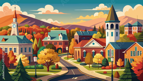 Very beautiful Burlington Vermont scene with charming streets, warm seasonal trees, and a welcoming small-town atmosphere framed by distant hills under clear sky.