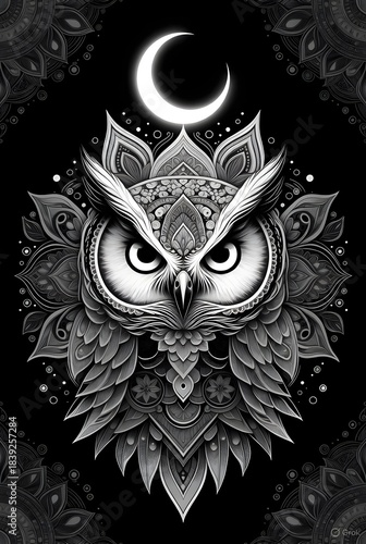 Highly detailed black and white illustration of an owl centered within an ornate mandala design, featuring a glowing crescent moon, floral patterns, and decorative line art.