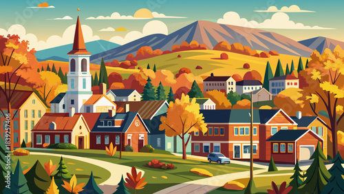 Very beautiful Burlington Vermont scene with charming streets, warm seasonal trees, and a welcoming small-town atmosphere framed by distant hills under clear sky.