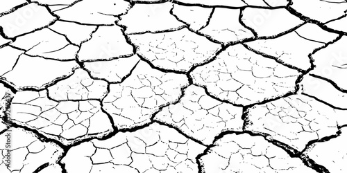 High-resolution cracked dry soil texture with intricate fracture patterns, natural organic lines, monochrome design ideal for backgrounds, geology themes, environmental concepts and compositions.