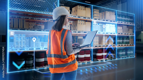 Tableau sur toile Smart warehouse management specialist tracks inventory with a laptop, using digital visualization to control stock levels and optimize logistics processes