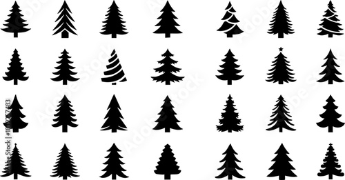 A graceful set of flowing, curved-line Christmas tree icons in monochrome, perfect for luxury holiday branding, premium invitations, and stylish minimalist graphics.