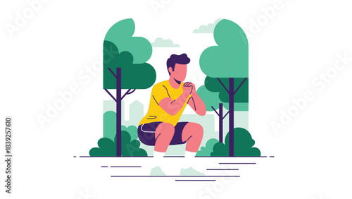 Man squatting outdoors exercising with trees in background illustration