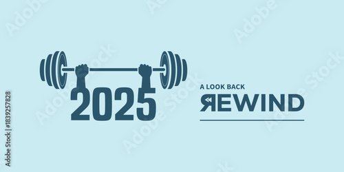 Minimal “2025 A Look Back Rewind” typography logo on light blue background, ideal for year in review video intro, recap presentation, social media highlights, podcast cover.