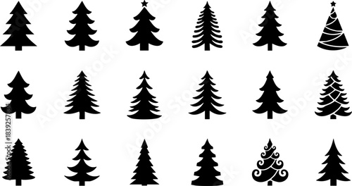 A timeless set of black-and-white Christmas tree icons featuring clean outlines and balanced shapes, perfect for holiday branding, simple packaging, posters, and digital winter graphics.