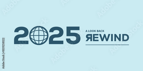 Minimal “2025 A Look Back Rewind” typography logo on light blue background, ideal for year in review video intro, recap presentation, social media highlights, podcast cover.