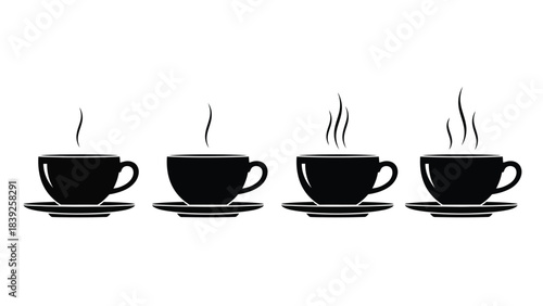 Four cups of coffee with rising steam in silhouette style