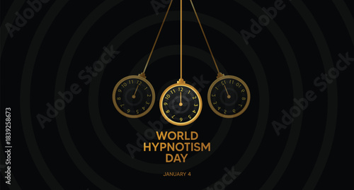 hypnotism day artwork featuring golden pendulums over deep black circular background theme